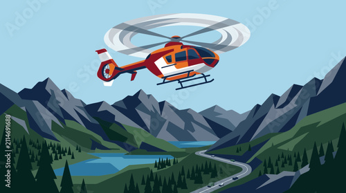 Dramatic mountain rescue scene featuring an emergency helicopter flying over rugged snow-capped peaks, winding river, and lake in blue and red tones.