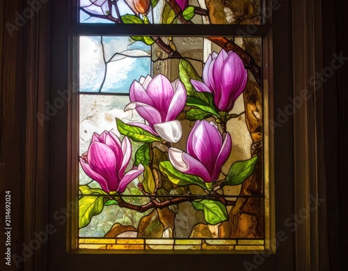 Delicate stained glass window art depicting blooming pink magnolia flowers on branches