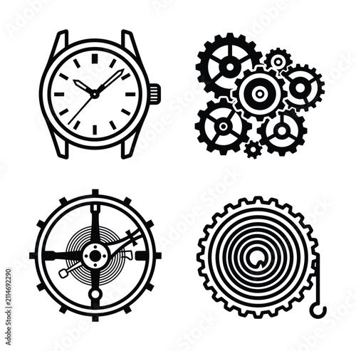 Black and white line art watch parts icon set, mechanical clockwork gears, mainspring