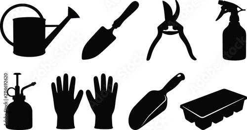 Fotografie Garden Tools Black Silhouette Icon Set Featuring Watering Can Trowel Pruners Glo