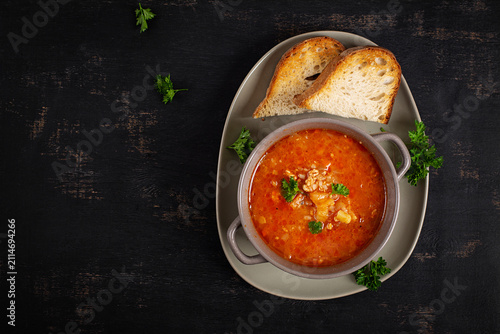 Traditional Homemade Vegetable Soup with Minced Meat. Czechoslovakian soup. Top view.