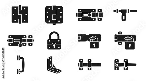 Metal door hardware and security latch icon collection.