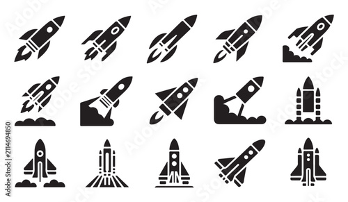 Tableau sur toile Rocket launch icons showing different stages of space vehicle liftoff and flight