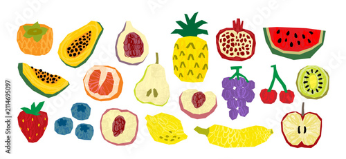 Fruit in paper cut collage style set, Food elements with hand drawn texture, doodle vector illustration for design menu, label, packaging, icons, poster, banner, print, decoration, etc