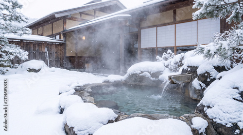 Plakat 雪景色の中で湯気が立ちのぼる日本の露天温泉