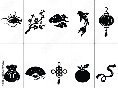 Chinese New Year icon set, traditional Asian culture vector silhouettes