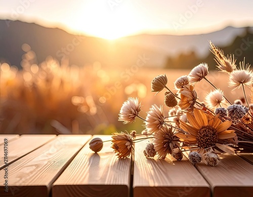 Dry floral arrangement bathed in warm golden hour sunlight on a wooden surface