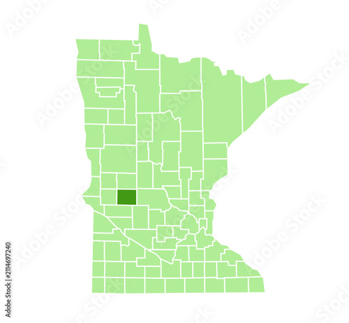 Pope County Highlighted on Minnesota State Map in Green Color