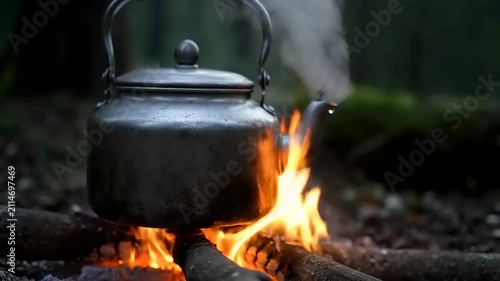Kettle Boiling on Outdoor Campfire Flames.
