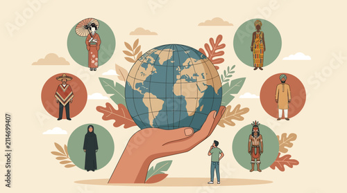 Global Unity Illustration with hand holding Earth globe surrounded by diverse cultural figures in traditional clothing ideal for international cooperation and diversity awareness.