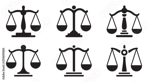 Fotografía Set of black justice balance icons for legal system design isolated on transparent grid
