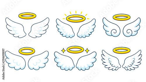 Set of angel wings with golden halos in cartoon vector style