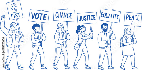 Diverse protestors march for fist vote change justice equality and peace in blue line art style protest signs with raised fists.