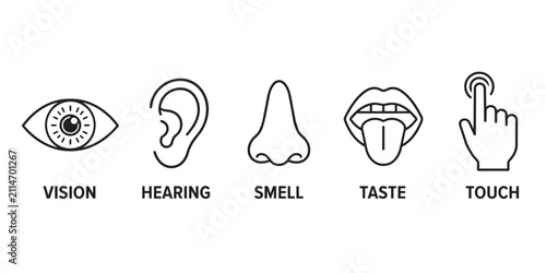 Foto Five human senses icon set, minimalist black line art of vision hearing smell ta