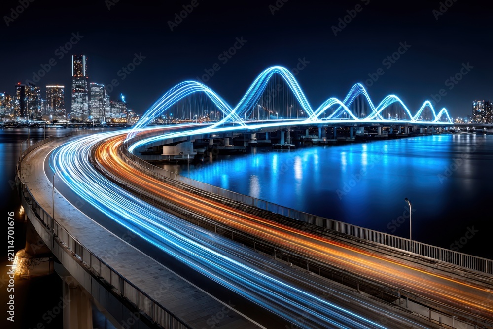 Fototapeta premium Neon Blue Bridge with Light Trails at Night