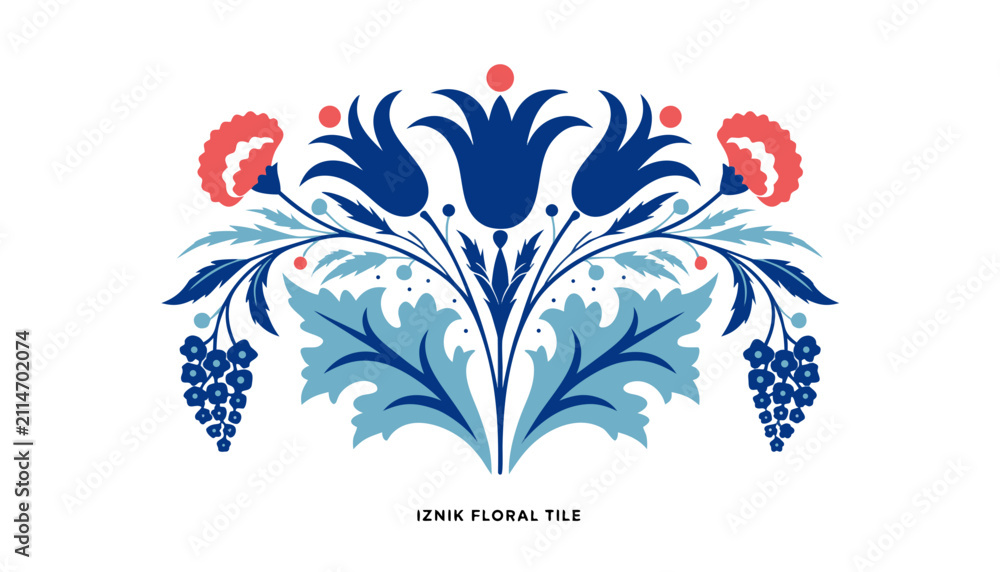 Fototapeta premium Very beautiful realistic vector illustration of an Ottoman Iznik Floral Ceramic Tile. A clean centered caption reading 