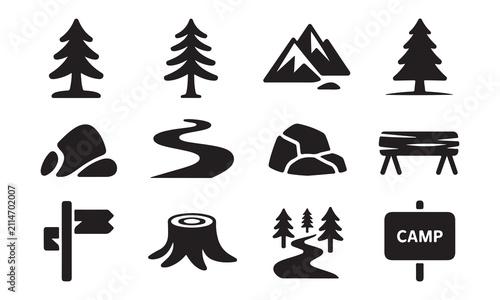 Collection of black nature and camping landscape featuring pine trees, mountains, winding rivers, rocks, wooden logs, and a camp sign isolated on a white background for