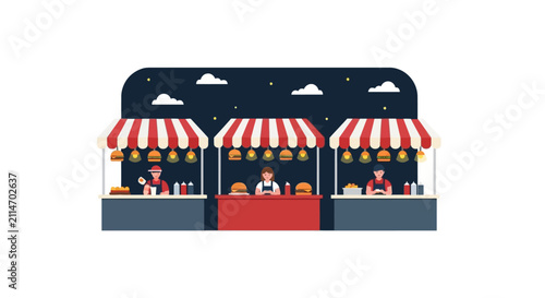 Street food market stalls with vendors under the night sky