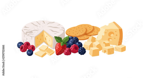Foto Selection of gourmet cheeses with crackers and fresh berries