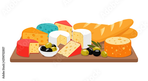 Assorted cheese platter with olives and fresh baguettes