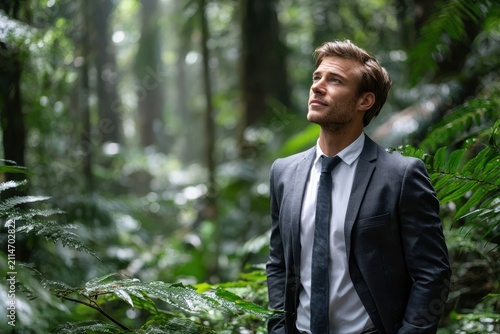 Businessman in formal attire exploring lush rainforest during a bright day