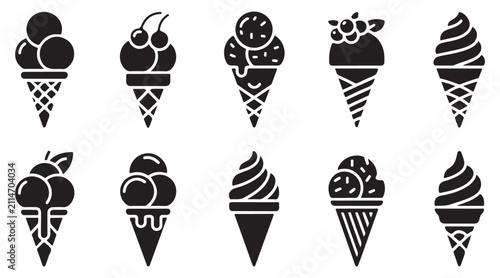 Принти на полотні Set of black ice cream icons featuring various flavors and styles for menu design needs