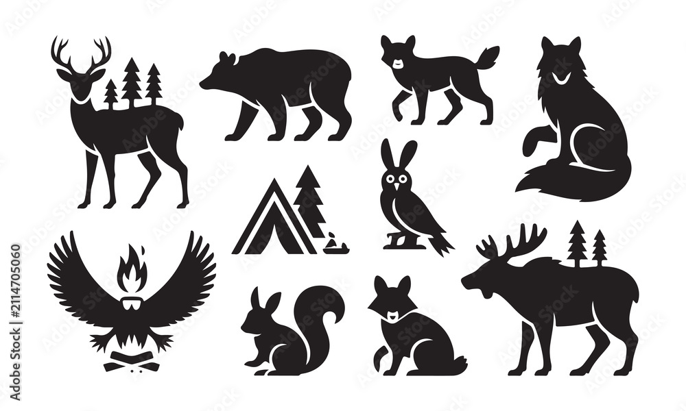 Obraz premium Collection of black silhouette featuring wild forest animals, a camping tent, and a campfire, isolated on a white background, for outdoor adventure, and nature themed projects