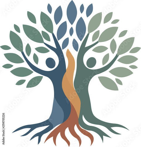 Tree of Life with Human Figures, Community, Family and Nature Flat Vector Illustration