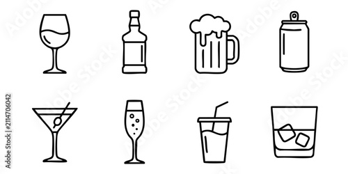 Foto A collection of line art icons representing various alcoholic and non-alcoholic