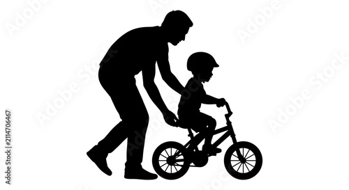 Father Teaching Child To Ride Bicycle Black Silhouette
