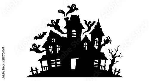 Haunted house with ghosts and bats black silhouette