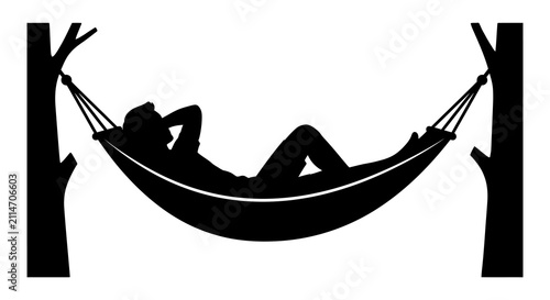Person relaxing in a hammock between trees black silhouette