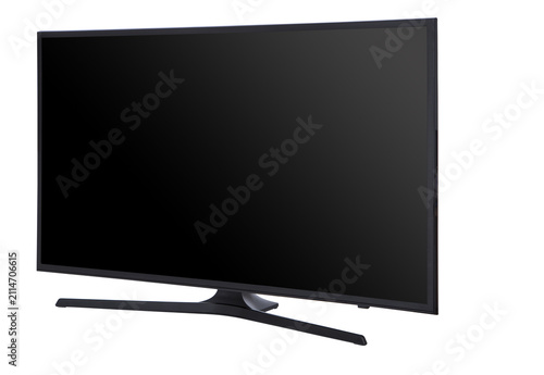 Photography Front view of modern flat screen TV with black screen, isolated on transparent b