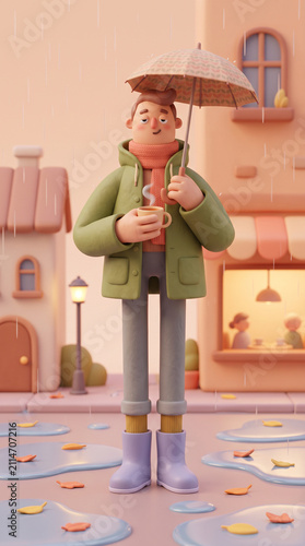 Stylized 3d character holding umbrella and hot drink on a rainy pastel street for poster background and seasonal social media design
