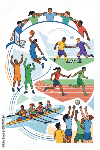 Team sports action collage poster with basketball soccer running rowing and volleyball scenes for event poster and athletic banner design