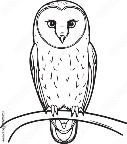 Obraz na plátně A striking barn owl illustration, depicted in a clean line art style, perches regally on a branch, its distinctive heart-shaped facial disc facing forward with keen eyes