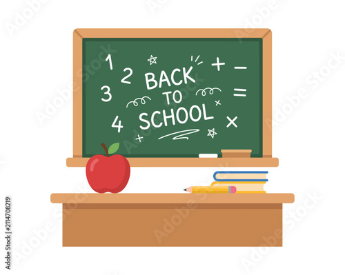Back to school chalkboard with apple and books