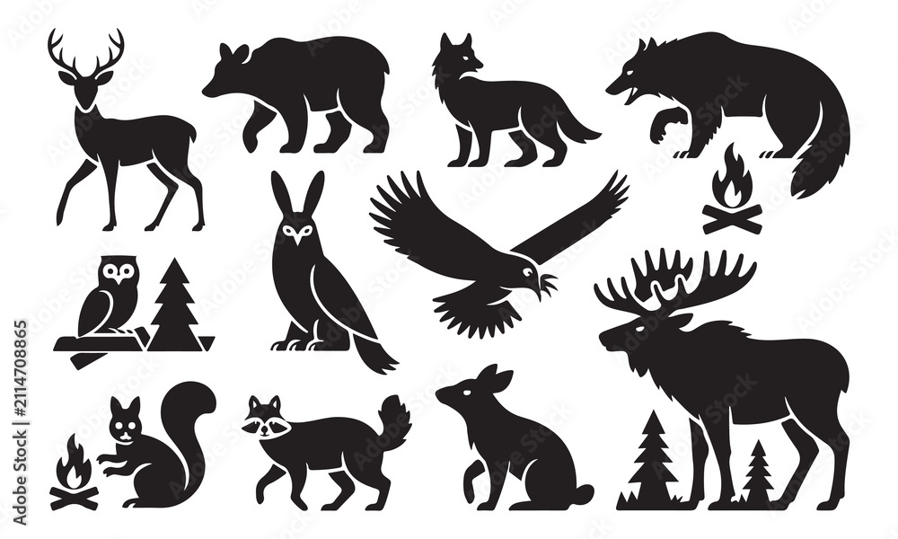 Obraz premium Collection of black silhouettes of wild forest animals including a deer, bear, fox, wolf, owl, squirrel, raccoon, rabbit, and moose, along with campfire and pine tree