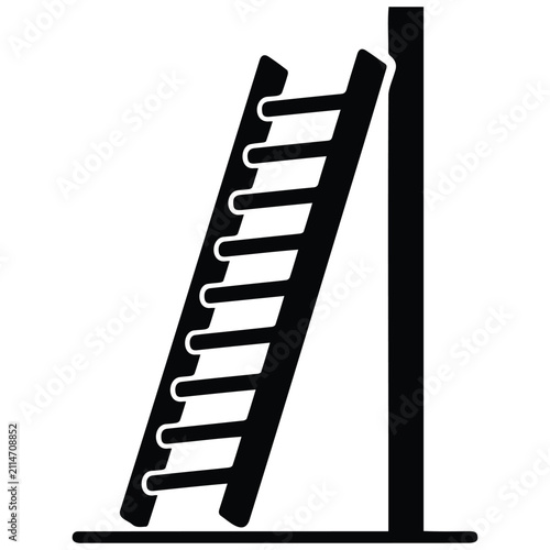Obraz na plátně Black and white vector silhouette illustration of a tall ladder as line art working at height