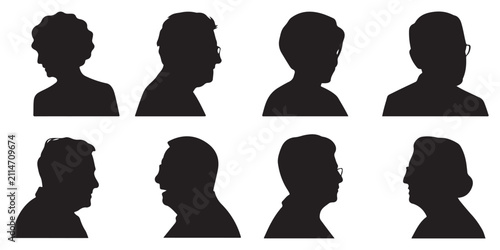Eight diverse senior citizens silhouette portraits in profile, showcasing a range of ages and hairstyles on a white backdrop.