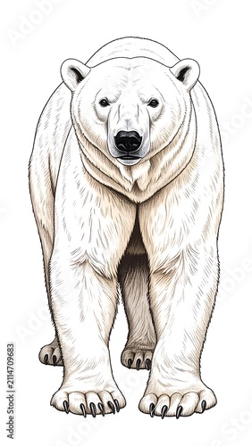A polar bear standing on all fours with fur and a neutral expression