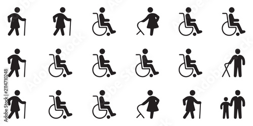 Elderly and disabled people icons set featuring wheelchair users seniors with walking sticks and handicap accessibility symbols collection.