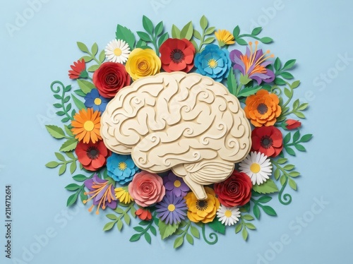 Human brain model centerpiece surrounded by colorful handcrafted paper flowers on blue surface with psychology