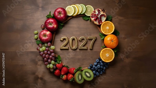 Fresh fruit wreath with 2027-year decoration on dark background