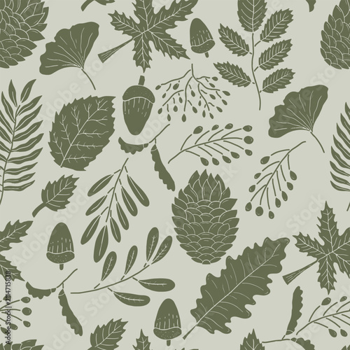 Sage green forest leaves seamless pattern, hand drawn pinecones, acorns, ginkgo, and oak foliage silhouette vector repeat background for wrapping paper and modern surface design