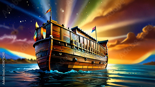 Ancient Wooden Ship Navigating Ocean Waters During Golden Sunset