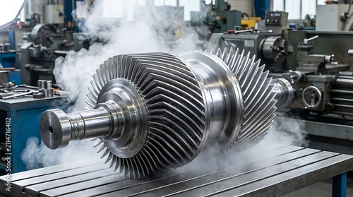 Large industrial turbine blade with steam on worktable