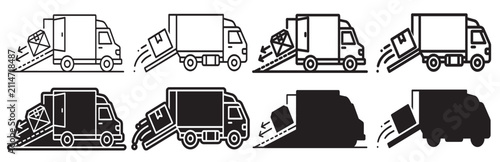 Foto Delivery trucks unloading boxes, ramps and cargo, black and white outlines and solid fills