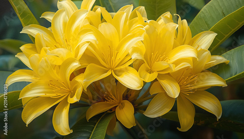 Vibrant Yellow Tropical Flowers Blooming on Green Foliage