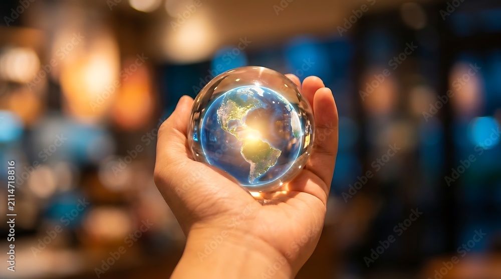 Fototapeta premium Hand holding crystal ball with earth inside globe sphere